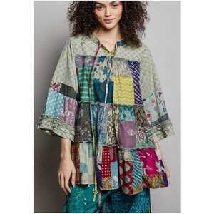 M POL Multicolor Patchwork Short Sleeve Peasant Top